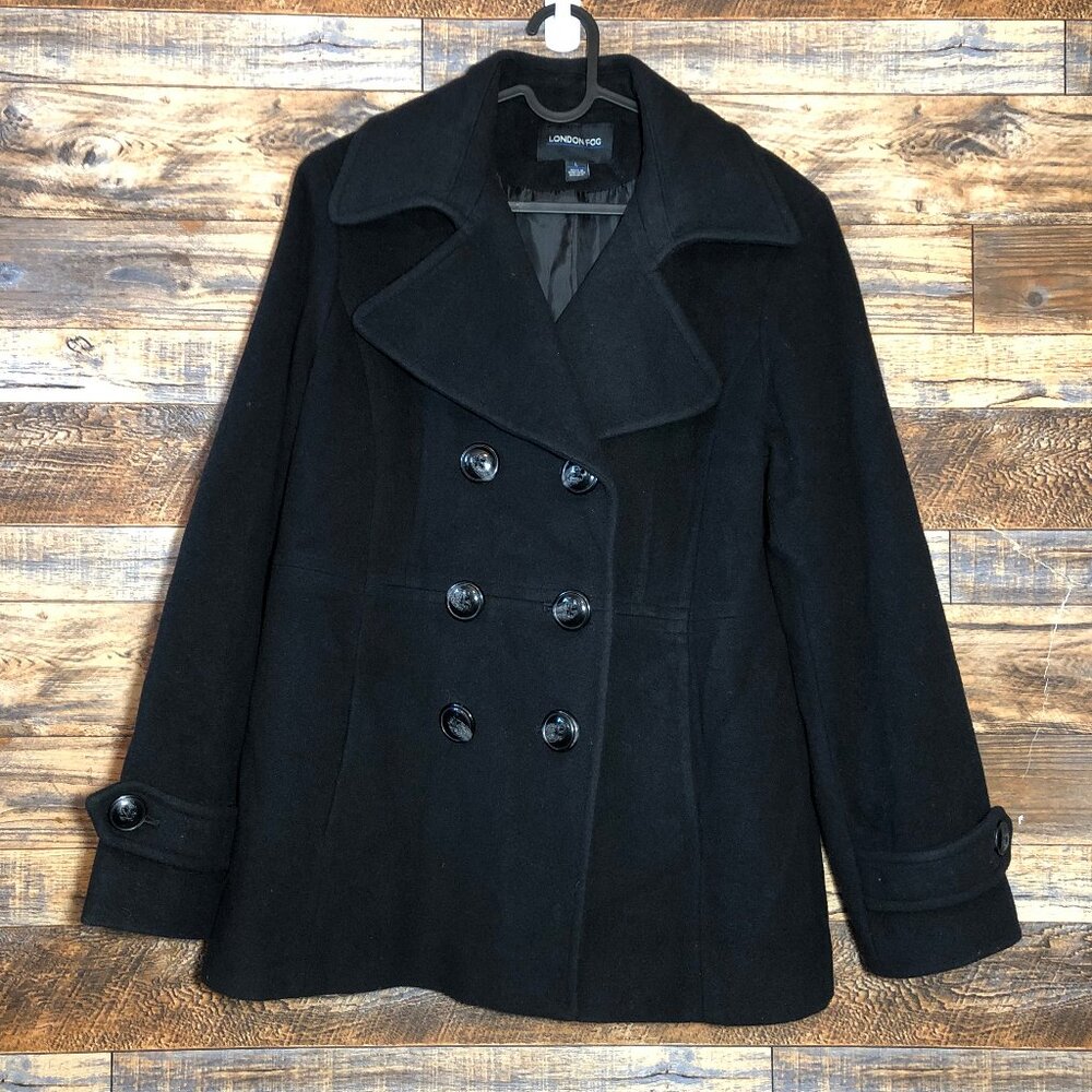 London Fog Double Brested Peacoat | Size Large | Black | 80% Wool | Winter Coat